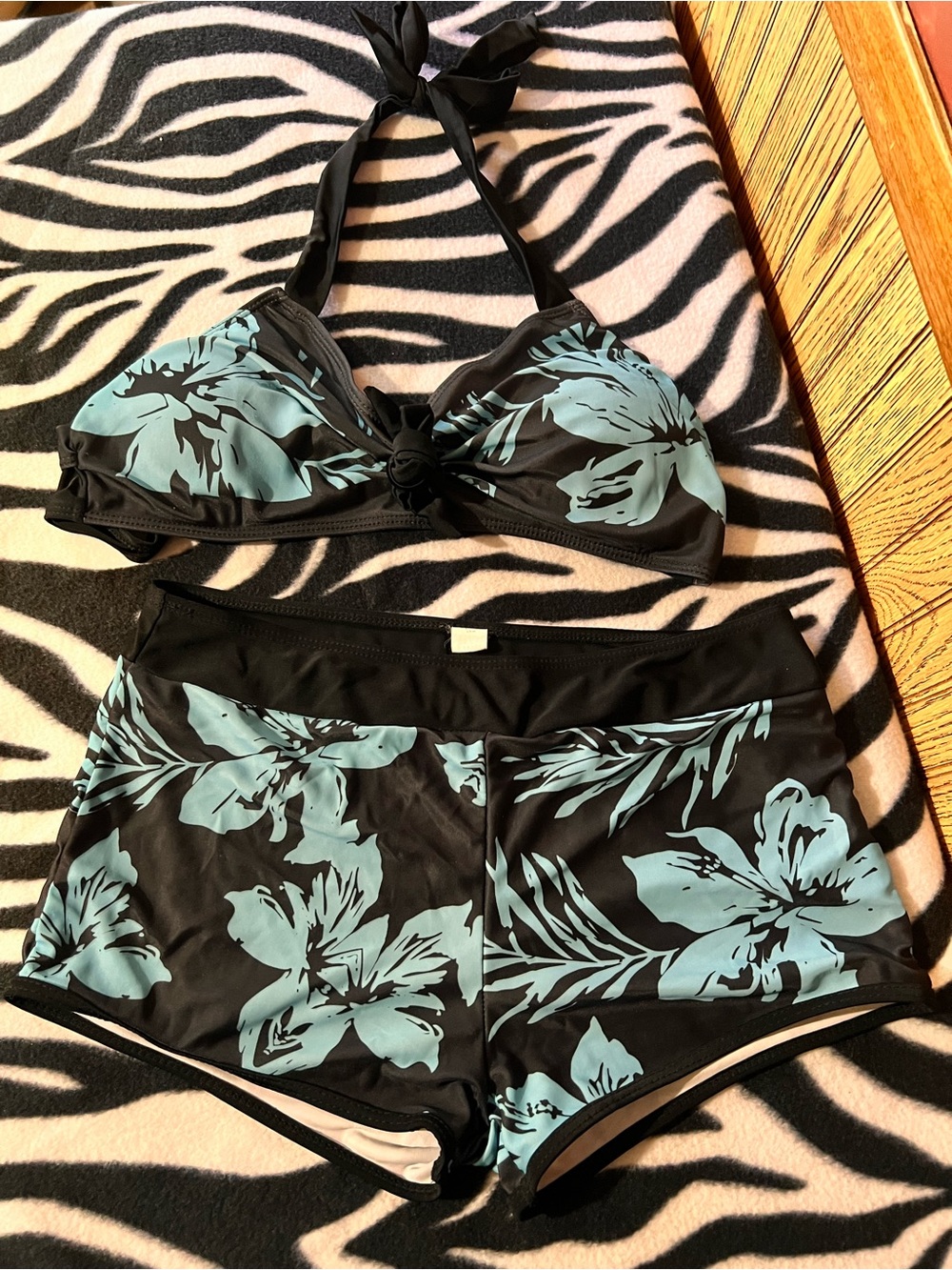Black & Light Blue Floral Halter Bikini Top and Swim Shorts